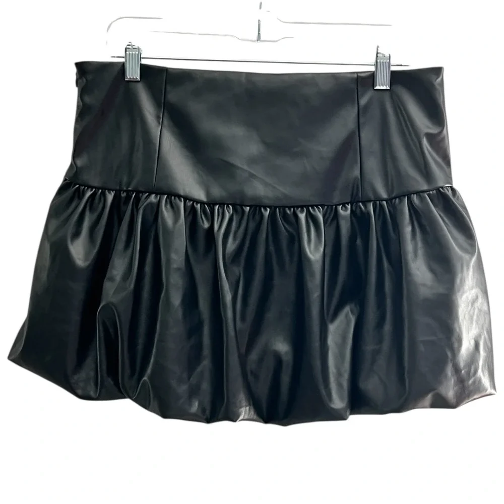 LELIS Faux Leather Bubble Mini Skirt‎ Black High Waist Clubwear Y2K Size L